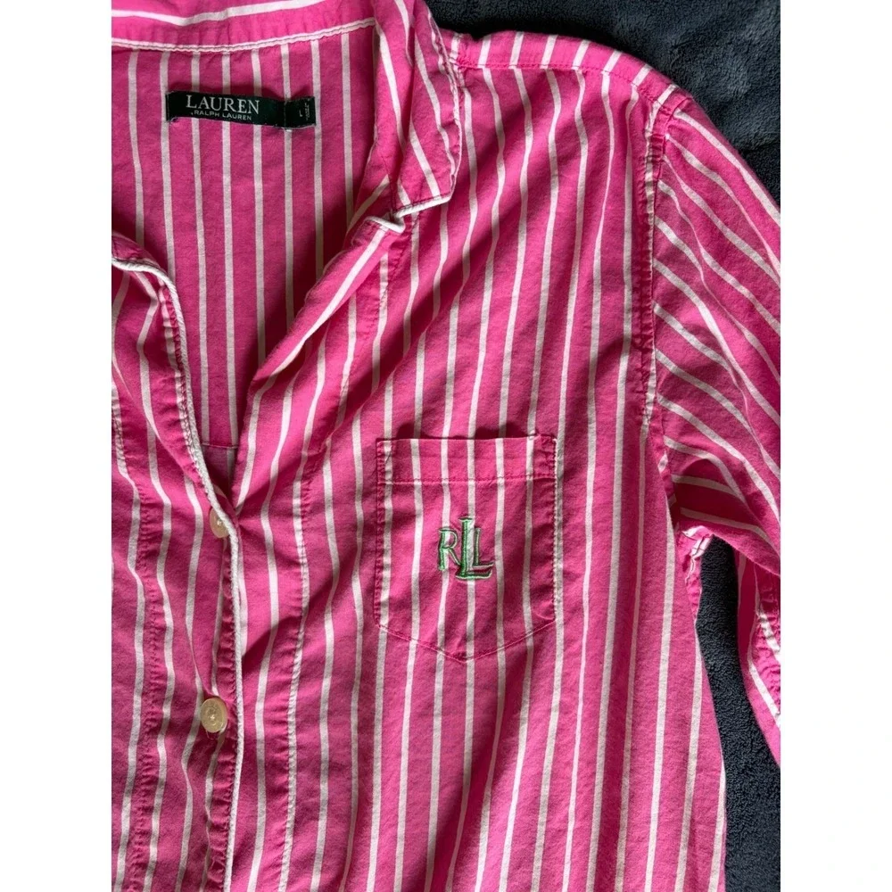 Lauren Ralph Lauren Pink White Striped Pajama Set L Button Down Crop Pants